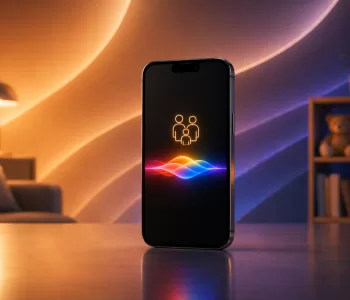 iPhone with Siri waveform in a subtle home environment with bronze and blue background