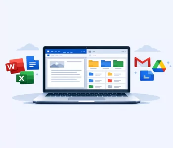 MacBook showing a business workspace with balanced Microsoft 365 and Google Workspace app elements in a clean professional illustration style